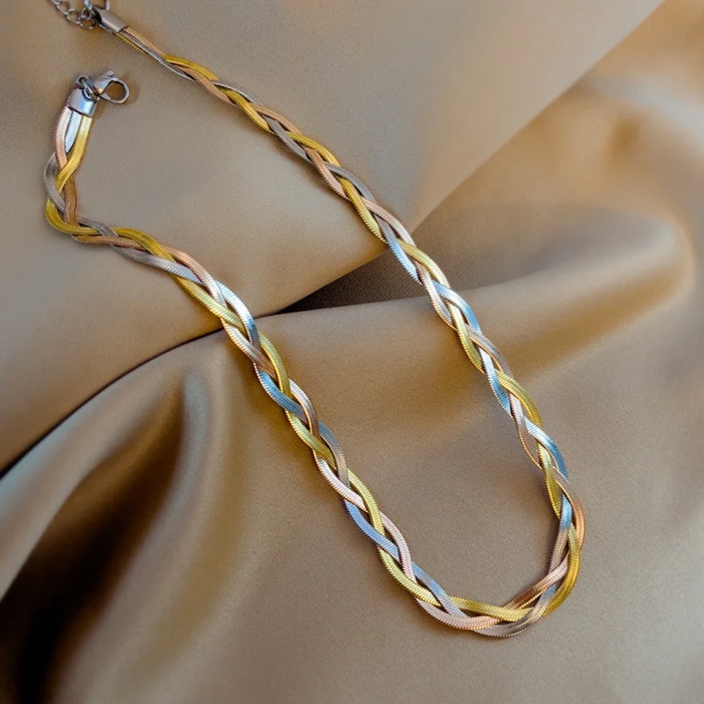 NWT 2 Pieces Set Braided Crossover 3 Colors Necklace Chain Bracelet Snake - Picture 2 of 3